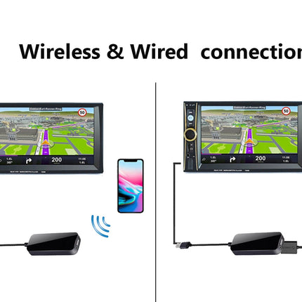 Two car stereo systems with wireless and wired connections to smartphones on a white background.