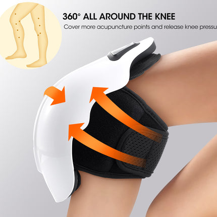 A knee support brace being worn on a person's knee, with orange arrows showing movement and text reading '360° ALL AROUND THE KNEE' plus a small inset diagram of a leg.