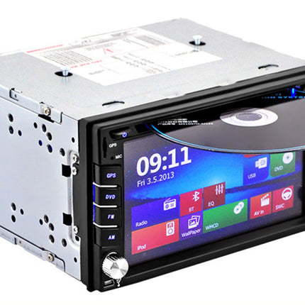 Car multimedia player with touchscreen display on a white background