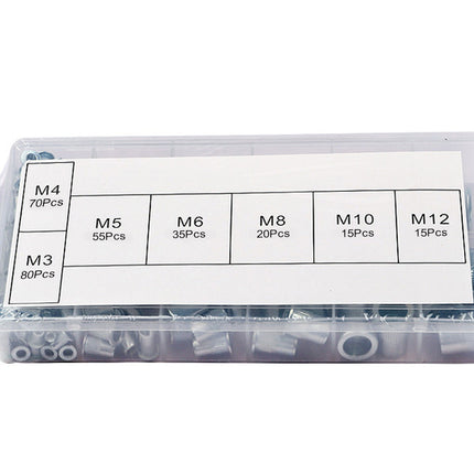 Assorted metal screws in a clear plastic container with labeled sizes on a white background