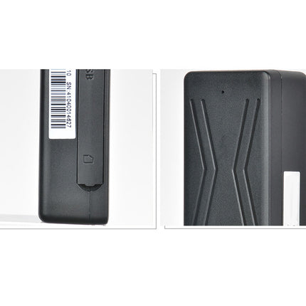 Black electronic device with a barcode label on a white background