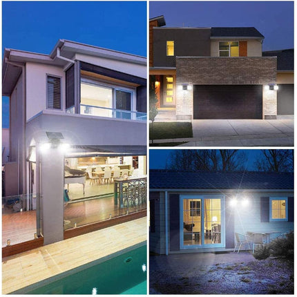 Collage of a modern house exterior at different times of day.