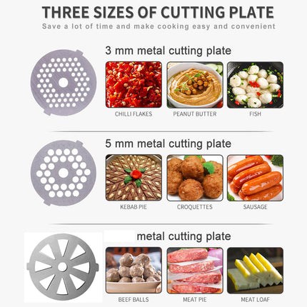 Three sizes of metal cutting plates with examples of food items they can cut.
