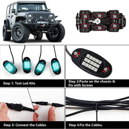 Collage of Jeep Wrangler with LED light kits and installation steps on a white background.
