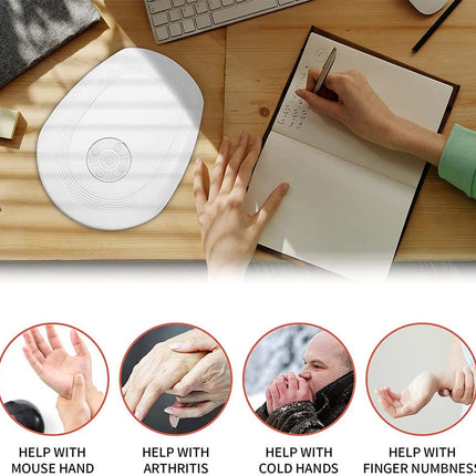 A white oval wrist rest on a wooden desk next to a notebook being written in, with four circular inset images at the bottom showing hands demonstrating relief for mouse use, arthritis, cold hands, and numbness.