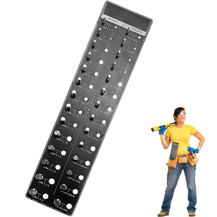 Large tool organizer with multiple compartments and a person holding it on a white background