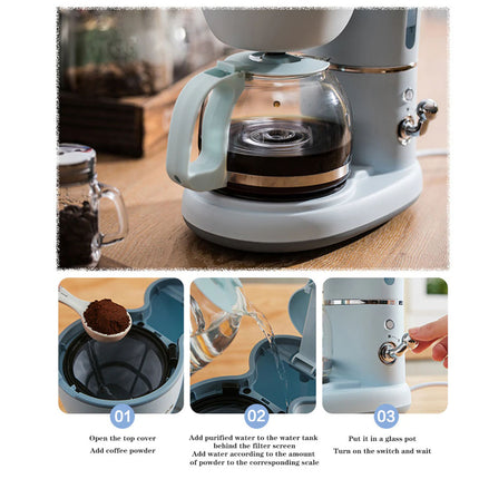 A light blue coffee maker shown on a wooden table, with a large main photo and three smaller step-by-step inset photos demonstrating how to add coffee powder, water, and turn the machine on. There is a hand visible in one inset, so this is not a pure studio product shot.