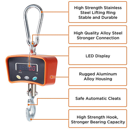 Digital hanging crane scale with features highlighted on a white background