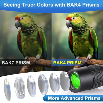 Comparison of a parrot with BAK7 and BAK4 prisms, showing color correction capabilities.