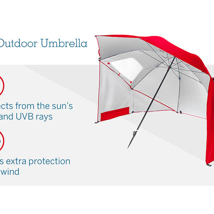 Red and white outdoor umbrella with features highlighted on a light gray background