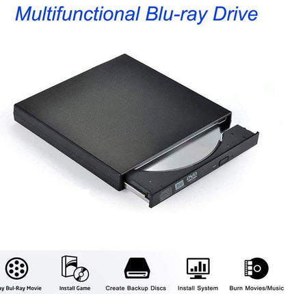 Multifunctional Blu-ray drive on a white background with text and icons below.
