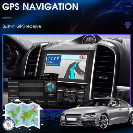 Car dashboard with GPS navigation system and a silver car in the foreground.