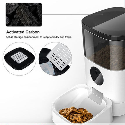 Pet food dispenser with activated carbon feature on a white background