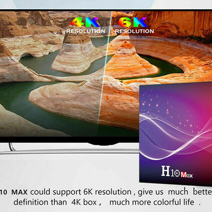 Television displaying a scenic image with 4K and 6K resolution labels, next to a box labeled H10 MAX.