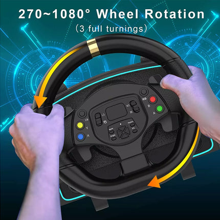 Steering wheel with 270-1080 degree rotation capability, held by two hands against a blue-tech background.
