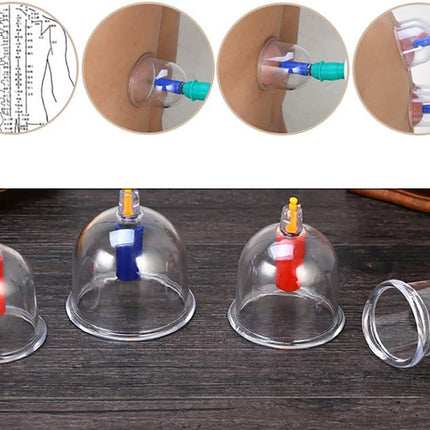 Glass cupping therapy devices on a wooden surface with close-up insets showing their use.