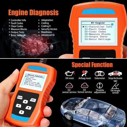 Car diagnostic tool with screen displaying functions on a black background