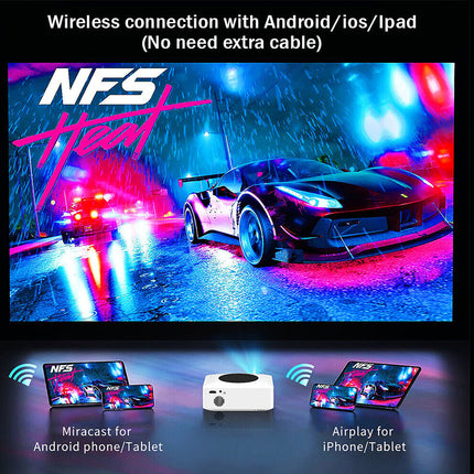 Promotional image for a gaming device with 'NFS Heat' branding, featuring a car and connectivity options.