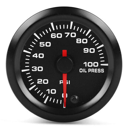 Oil pressure gauge with black casing and red needle on a white background