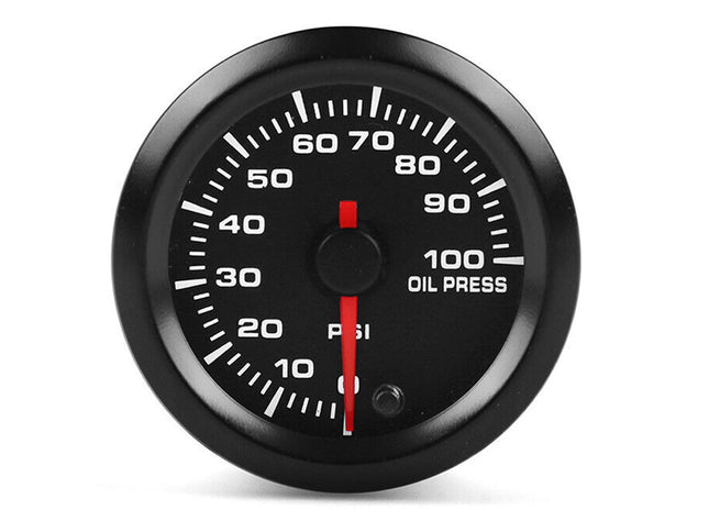 Oil pressure gauge with black casing and red needle on a white background