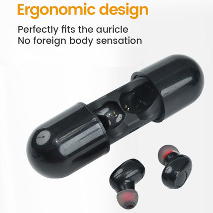 Black wireless earbuds with a charging case on a white background, featuring text about ergonomic design.