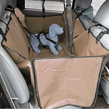 Pet car seat cover with two plush dog toys inside, installed in a vehicle.