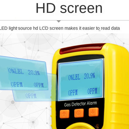 Yellow gas detector alarm with digital display on a white background