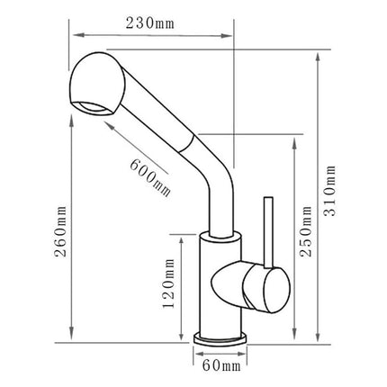 Technical drawing of a faucet with dimensions labeled