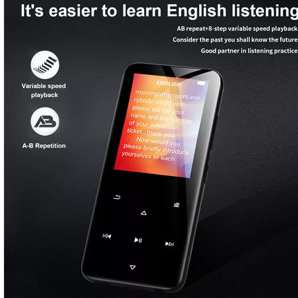 A black digital English listening practice device shown on a dark background with promotional text and feature icons for variable speed playback, A-B repetition, and AB repeat-8-step playback.