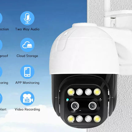 White security camera with features listed on a blue background