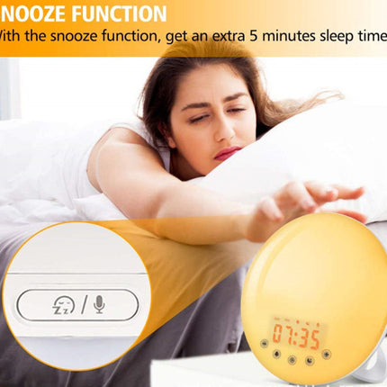 A yellow snooze alarm clock shown with a woman sleeping on a bed in the background, plus a close-up inset of the snooze button and text explaining the snooze function.