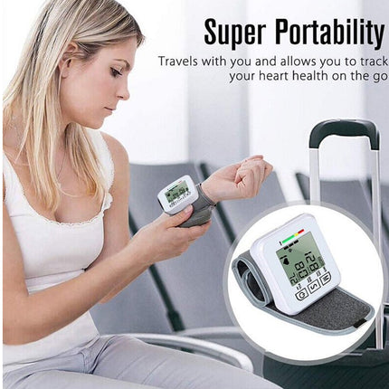 Woman using a blood pressure monitor with text highlighting its portability.
