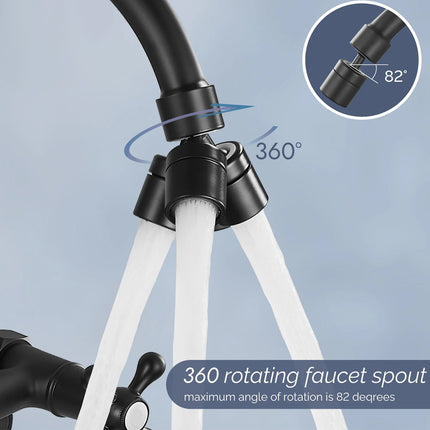 360-degree rotating faucet spout with water flow illustration on a light blue background