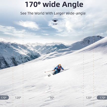 Person skiing down a snowy mountain with text about wide-angle view