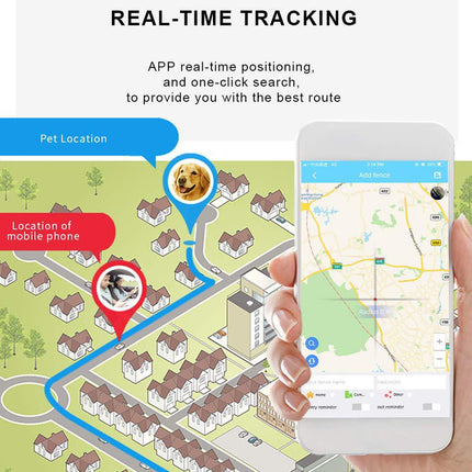 Real-time tracking app on a smartphone with a map and pet location indicator.