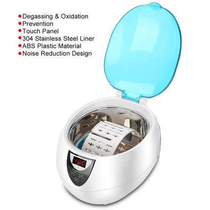 A white and blue ultrasonic cleaner with its lid open, showing a stainless steel interior and digital control panel. A list of features is printed in red text on the upper left against a white background.