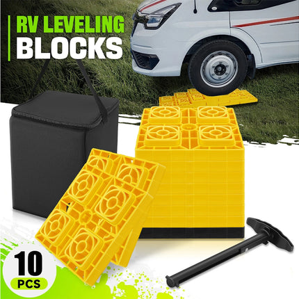 Yellow and black leveling blocks set with a black carrying case and a black leveling tool, shown with a white van on grass in the background and text reading 'RV LEVELING BLOCKS' and '10 PCS'.