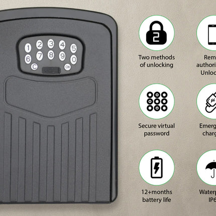 Key safe with digital keypad on a beige background with features listed.