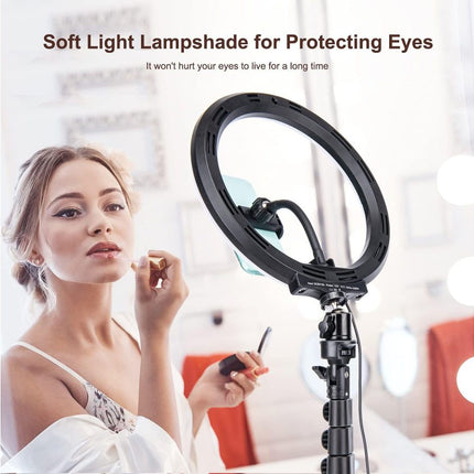 Woman using a soft light lampshade to protect her eyes with text on a white background