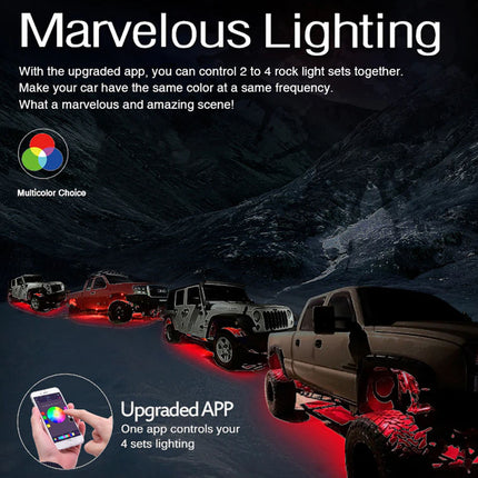 Advertisement for Marvelous Lighting system with trucks and app control on a dark background