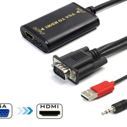 VGA to HDMI adapter with USB and audio cable on a white background