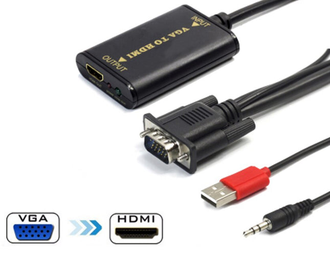 VGA to HDMI adapter with USB and audio cable on a white background