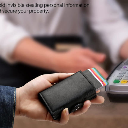 Person holding a wallet with a card, interacting with a payment terminal, with text about avoiding invisible theft.