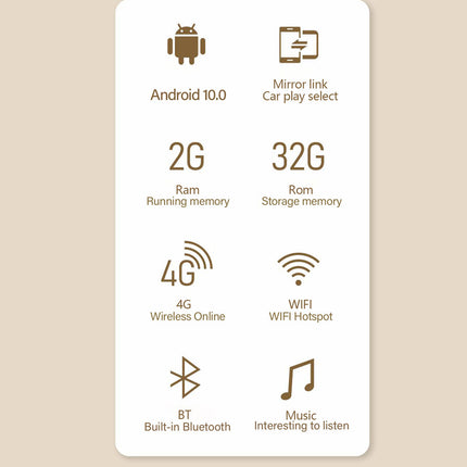 Technical specifications card with Android 10.0, RAM, storage, connectivity features on a beige background