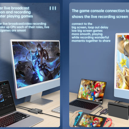 A promotional infographic showing a computer live broadcast and game console connection setup. The left panel shows a desktop monitor, laptop, and external drive with text explaining computer live broadcast acquisition.
