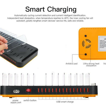 Smart charging device with text explaining features on a white background