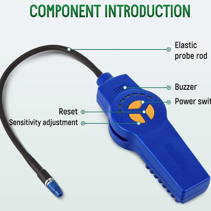A blue handheld electronic device with a black curved probe rod, shown on a light gray background with the title 'COMPONENT INTRODUCTION' and callout labels pointing to the elastic probe rod, buzzer, power switch, reset, and sensitivity adjustment.