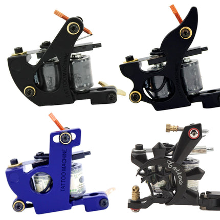 Four tattoo machines in different colors on a white background