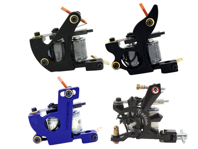 Four tattoo machines in different colors on a white background