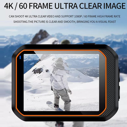 Action camera displaying a snowy mountain scene with text about 4K and 60 frame ultra clear image quality.